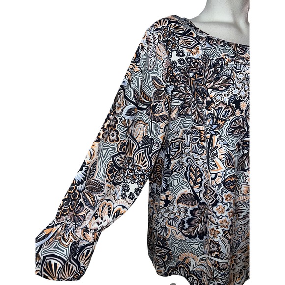 Zac & Rachel Womens Tunic Blouse XL Black Orange Floral Print Tie Neck 3/4 Slv - Picture 3 of 7